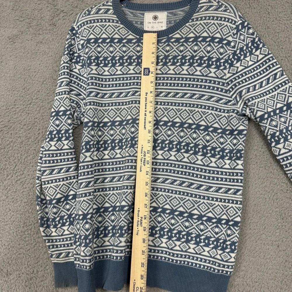 On The Byas Sweater Mens Medium Blue‎ Fair Isle Knit Cotton Crewneck Pullover